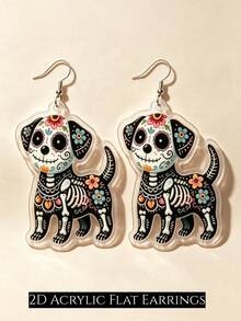 2D Flat Cute Skeleton Puppy Pendant Earrings, Gothic Floral Dog, Halloween Accessory, Mexican Day Of The Dead Earrings - Skeleton Puppy - View 6