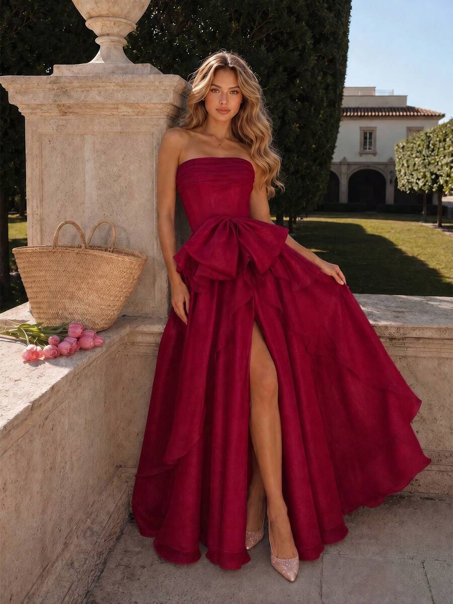 VIPGIRL Elegant Burgundy Strapless Bow Layered High Slit Formal Maxi Dress, Floor-Length Formal Evening Gown, Wedding Guest Dress Spring Fall Party - 紅色 - 查看 1