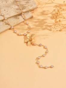 1pc Luxury Design Pearl Y-Shaped Long Necklace, Elegant Gold 3D Floral Decor Jewelry For Women, Suitable For Daily Wear, Parties, Festivals. - Multicolor - View 3