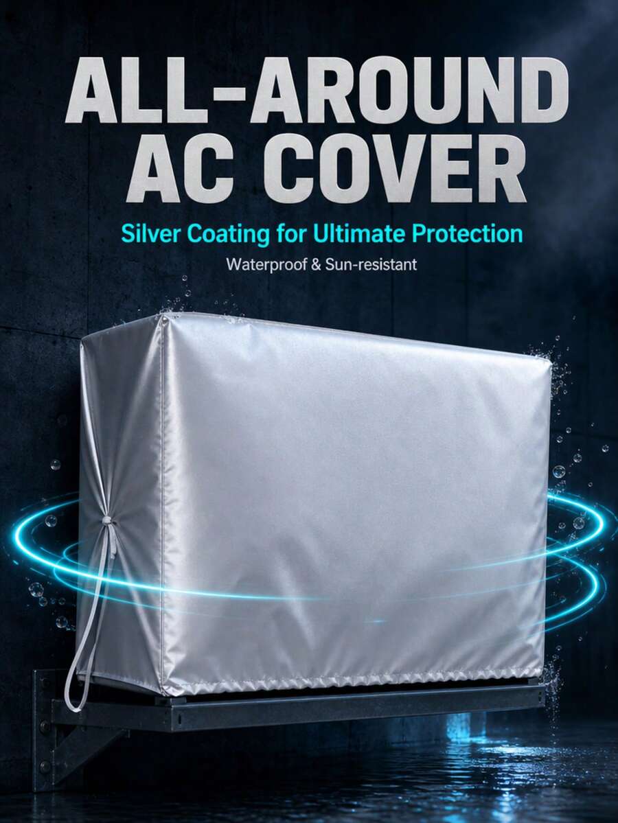 1 Set S-XXL Multi-Size Anti-Aging Polyester Waterproof Fabric Air Conditioner Outdoor Unit Cover, Outdoor Courtyard All-Season Use, Minimalist Practical Style, Silver Square Shape, Elastic Hem Design, Rainproof Dustproof Sunproof Air Conditioner Outdoor Unit Protective Cover - Full Coverage - View 1