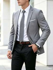 Men's Light Gray Slim Fit Casual Business Commute Single-Breasted Blazer Jacket, Mature Style, Versatile, Easy Care - Grey - View 2