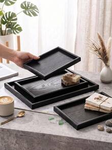 1pc/2pcs Wooden Serving Tray Set, Rectangular Wood Decor Tray For Kitchen Dining Table, Coffee Table, Countertop, Breakfast Tea Snack Platter, Bathroom Vanity Perfume Cosmetic Storage Organizer Tray - Black - View 4