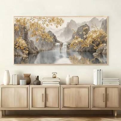 1pc Modern Oriental Feng Shui Landscape Waterfall Wall Art Print, Panoramic Golden Tree Mountain Water Unframed Poster Suitable For Living Room Sofa Above Office, Perfect Wall Decor Gift