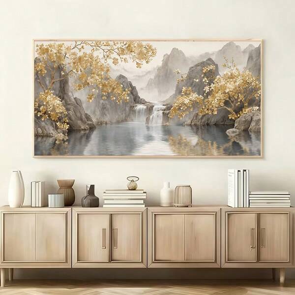 1pc Modern Oriental Feng Shui Landscape Waterfall Wall Art Print, Panoramic Golden Tree Mountain Water Unframed Poster Suitable For Living Room Sofa Above Office, Perfect Wall Decor Gift