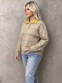 Plus Size Women's Casual Vintage Knit Polo Shirt, Button Design, Long Drop Shoulder Sleeves, Regular Length, Suitable For Daily Wear - Apricot - View 3