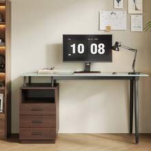 Modern Desk With Glass Top, 3 Drawers, Open Shelf And Metal Frame, Brown - 棕色 - 查看 4