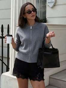 Women's Autumn/Winter Casual Grey Ribbed Zip-Up Thickened College Style Short Knit Cardigan, Round Neck Loose Long Sleeve Short Halloween Sweater Jacket - Grey - View 5