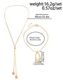 1 Set 2pcs Fashion Minimalist White Geometric Hollow Water Drop Pendant Pull-Chain Snake Bone Chain Round Metal Sequin Pendant Y-Shaped Long Necklace Set Suitable For Women Daily, Vacation, Party Wear - Gold - View 6