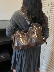 Minimalist Soft Leather Large Capacity Tote Bag With Loose Body And Ample Storage Space, Easily Organizes Books, Tablets, Umbrellas, Cosmetics, Supports Hand-Carry, Shoulder, Crossbody Multiple Carrying Ways, Suitable For Classes, Daily Commute, Short Trips - Coffee - View 6