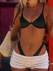 Women's Solid Color Bikini Set, Spaghetti Strap And Boyshort Design Accentuates Body Curves, Ideal For Summer Beach Vacation Black - Black - View 3