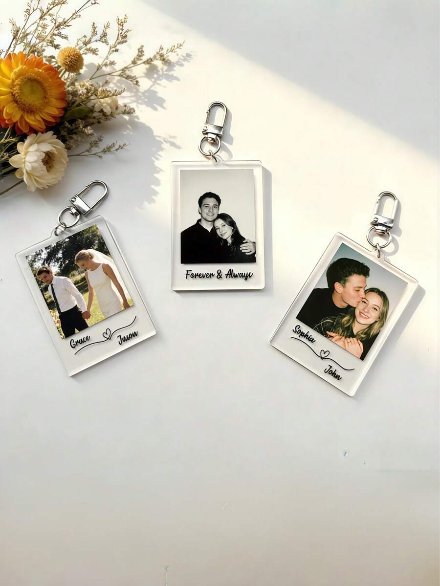 Custom Photo Acrylic Keychain, Personalized Couple Name Bag Charm, DIY Photo Key Chain, Cute Bag Pendant Accessory, Valentine's Day Gift - Multicolor - View 1