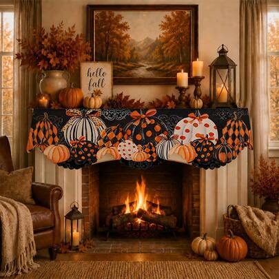 1 Stück Vintage kariertes Polka Dot Kürbis Herbst Kamin Hängestoff, Ernte Thanksgiving Kamin Kaminsims Dekoration, Herbst Heimtextilien, Thanksgiving Szene Arrangement, Landhausstil Eingang Tisch Dekoration, Innen Außen Dekoration, Polyester Material