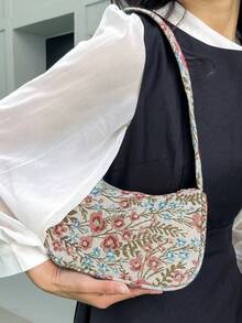 時尚花卉圖案布料極簡百搭女款單肩包 法棍包 派對街頭風手機包 零錢包 - 紅色 - 查看 3