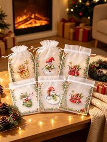 50/20/10/1pc Christmas Organza Gift Bags, Random Mix Style Drawstring Treat Pouches, Festive Holiday Favor Wrapping Bags, Sheer Mesh Goody Candy Pouches Ribbon Closure, For Christmas Party, Wedding Favors, Jewelry, Craft Storage - One Size Fits All - View 5