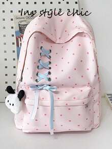 Small Polka Dot Contrast Color Ribbon Tie Backpack, Plush Puppy Charm Decoration, Waterproof Multi-Compartment Large Capacity, Sweet Ins Campus Style, Suitable For Students School, Daily Commute, Travel - Pink - View 7