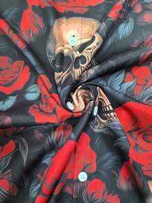 萬聖節骷髏與玫瑰印花大尺碼男士鈕扣短袖襯衫 - 紅色 - 查看 5