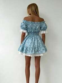 Women's Blue Ditsy Floral Sexy Cute Romantic Countryside Sweet Off-Shoulder Contrast Color Lace Patchwork Tie Waist Mini Dress, Spring/Summer Elegant - Baby Blue - View 5