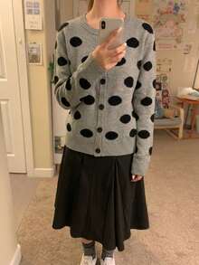 French Style Premium Grey Polka Dot Knit Cardigan Women Autumn/Winter Long Sleeve Thin Short Sweater Jacket Top Fall - Grey - View 2