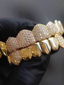 2pcs New Hip-Hop Golden Teeth Studded Mouth Jewelry For Both Men And Women's Body Jewelry, - Fashion - View 1