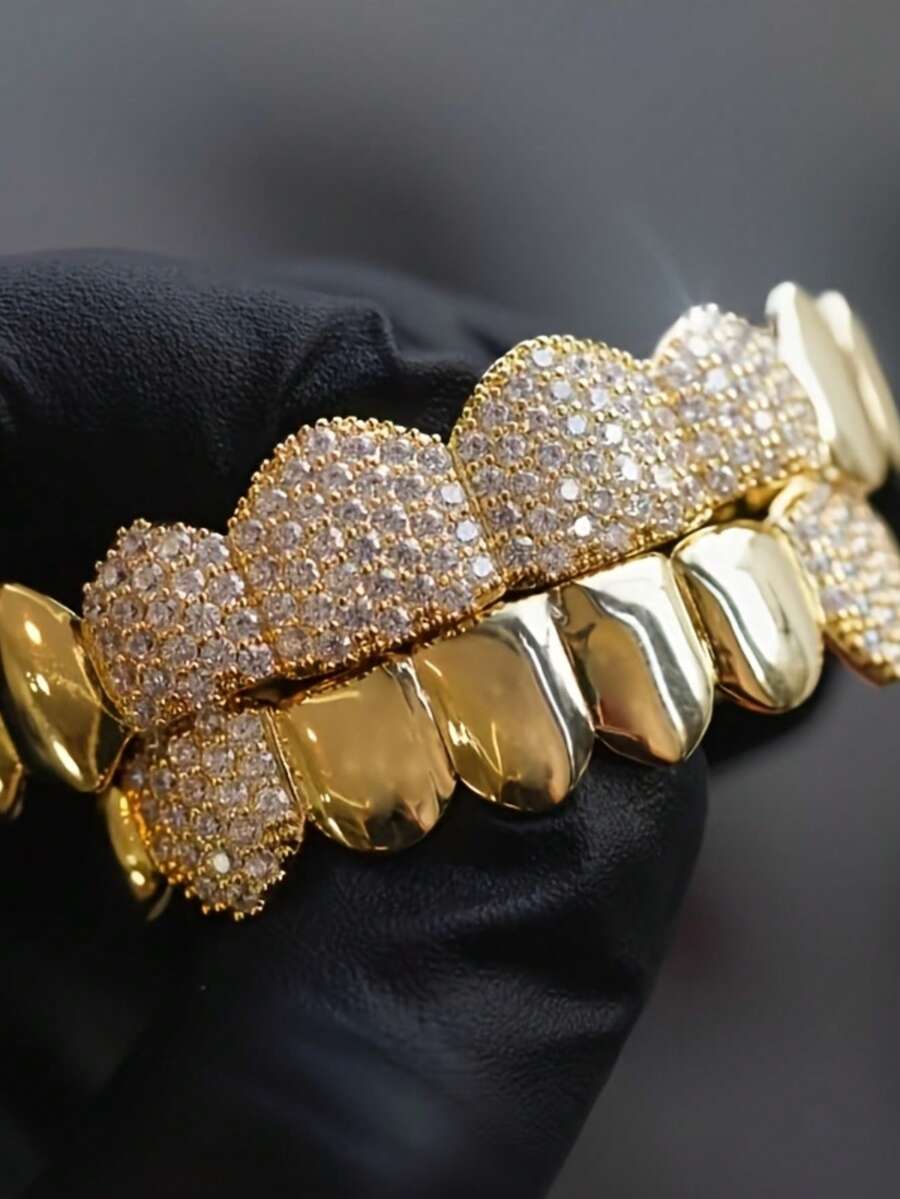 2pcs New Hip-Hop Golden Teeth Studded Mouth Jewelry For Both Men And Women's Body Jewelry, - Fashion - View 1