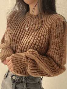 1pc Girls Big Tween Girl Round Neck Chunky Knit Sweater, Loose Lantern Long Sleeve, Ribbed Cuffs, Soft All-Match Versatile Style - Brown - View 1