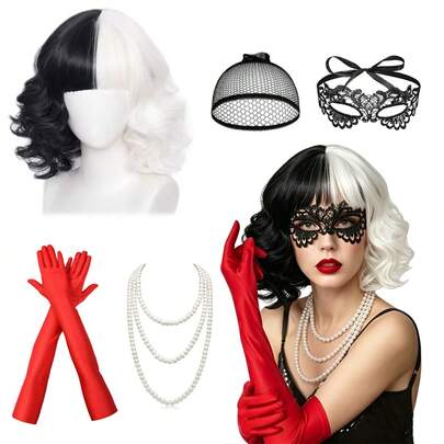 Halloween Cosplay Wig Black White Split Curly Wig With Lace Mask Red Long Gloves Pearl Necklace Wig Cap Women Party Cosplay Costume Set