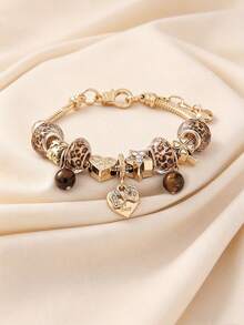 1pc Personalized Charm DIY Beaded Bracelet, Leopard Print Beads, Heart Butterfly Star Pendants, Adjustable, Christmas Gift, Versatile Daily Accessory - A - View 1