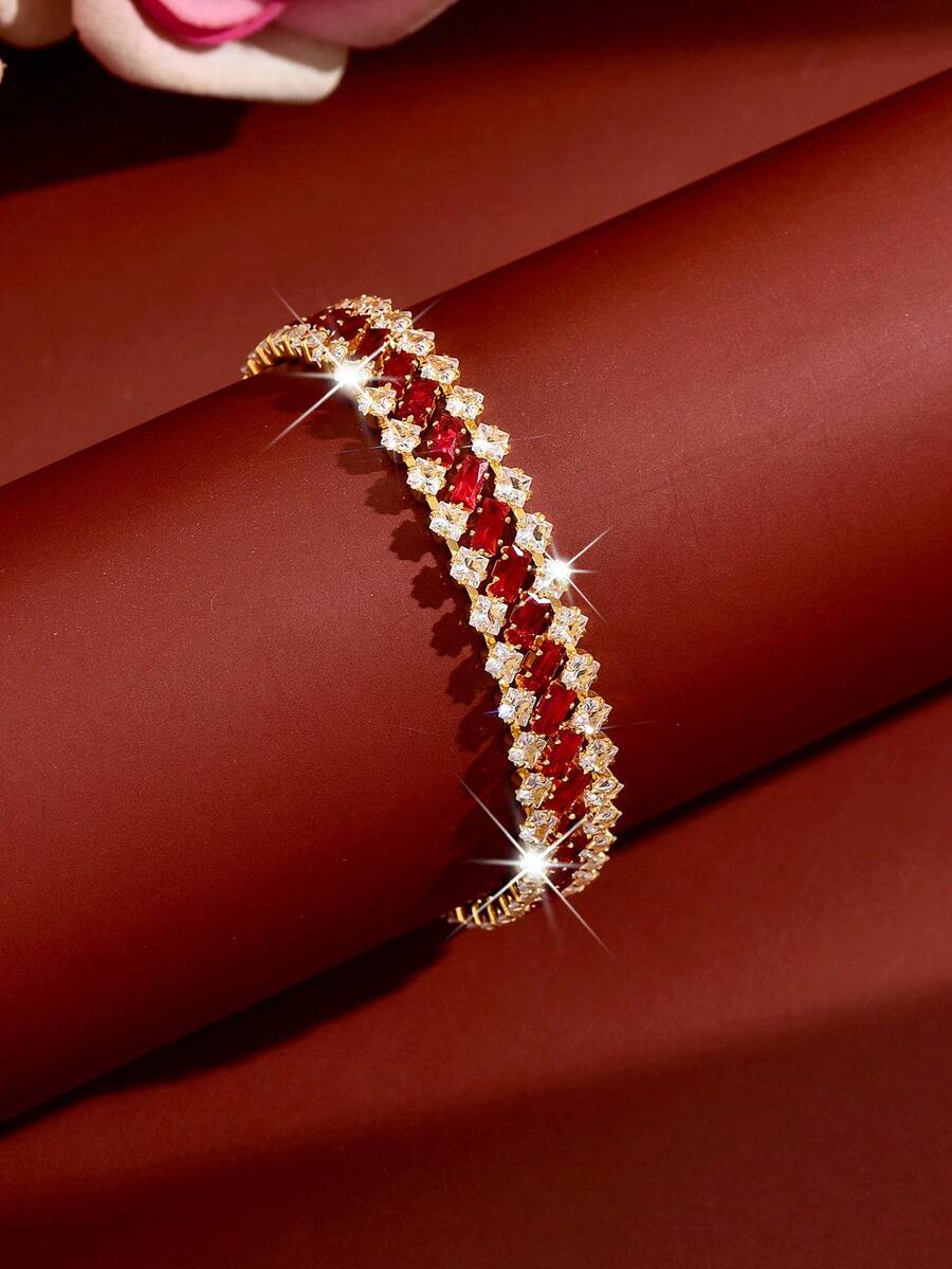 1pc Exquisite Dual-Tone Chain Bracelet, Bridal Wedding Party Jewelry, Suitable For Daily Wear, Banquet, Halloween, Anniversary - Red - View 1
