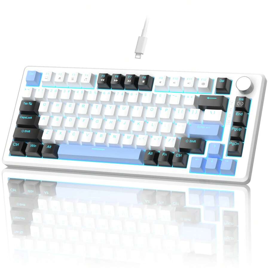 MageGere -STAR75 Mechanical Gaming Keyboard, Knob Control, 75% Compact Blue Backlit Wired Gaming Keyboard, Featuring Tactile Switches, EVA Silent Portable Design, Compatible With Tablets And Windows Systems