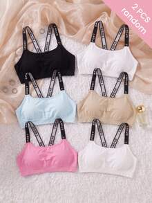 2pcs Random Color Teen Girls Letter Strap Seamless Non-Wired Thick Training Bra Sports Crop Tank Top Student Girl Underwear - Multicolor - View 3