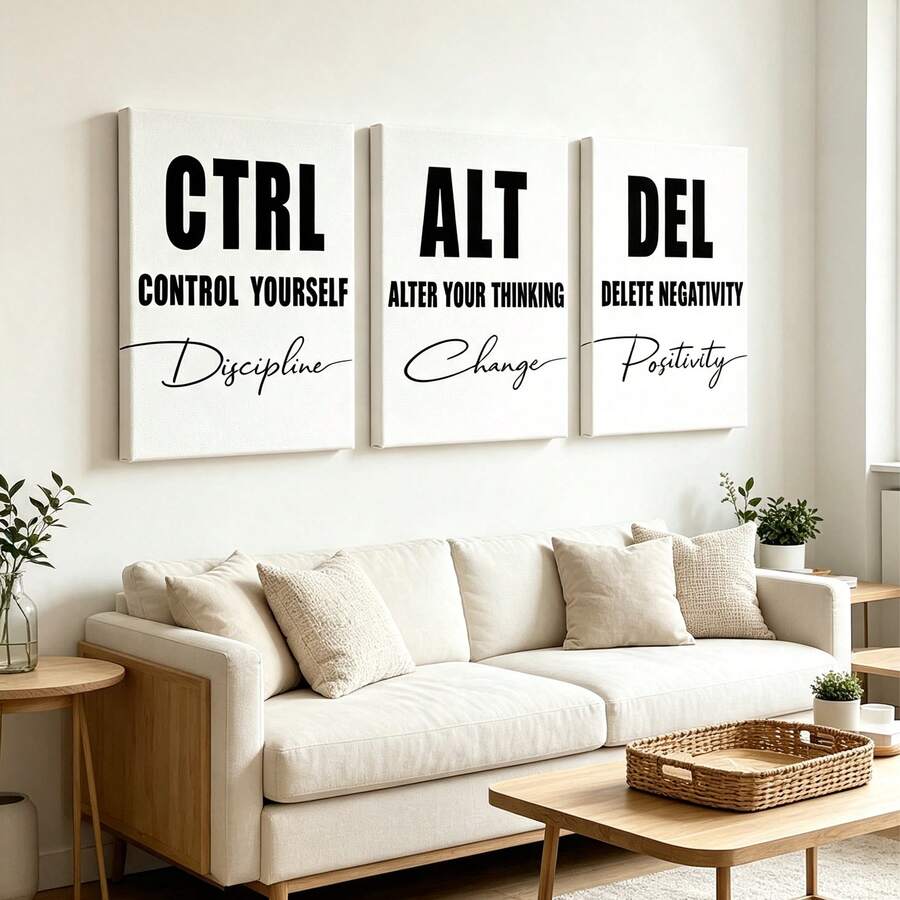 3pcs Motivational "Ctrl Alt Delete" Minimalist Canvas Art Prints, Black And White Abstract Wall Decor, Suitable For Modern Home And Office, Wall Art Decoration Mural, Home Decor, Poster Art, Canvas Wall Poster, Bedroom Living Room Hallway Decoration - Multicolor - View 1