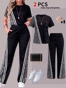 Spring Summer Autumn New Casual Leopard Print Round Neck Short Sleeve Top & Versatile High Waist Pocket Straight Leg Pants Set, Cool Elegant - Black 1 - View 1