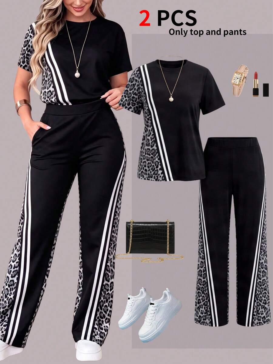 Spring Summer Autumn New Casual Leopard Print Round Neck Short Sleeve Top & Versatile High Waist Pocket Straight Leg Pants Set, Cool Elegant - Black 1 - View 1