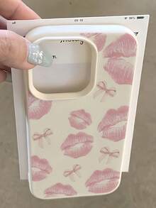 1pc White Matte Minimalist Lens Protection Pink Lips & Bow Pattern Phone Case, Personalized Compatible With Iphone 16 Pro Max/17/16/15/14 Plus/13/12/11/Air And Series - Multicolor - View 1