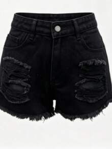 Fashion Casual Vacation Style Washed Frayed Distressed Ripped Loose Denim Shorts For Women Black Summer - Black - View 5