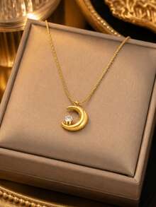VceTd 3PCS Minimalist Fashion Style Stainless Steel Pendant Necklace With Moon Charm And Colorful Enamel Open Ring Jewelry Set For Women, Suitable For Evening Wear - Yellow Gold - View 6