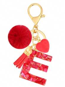 Cute Initial Red Heart Gold Foil Stone Tassel Pom Pom Keychain Resin Drip Glue Minimalist Personalized Key Chain For Women Bags Daily Wear And Gift - Red - View 11