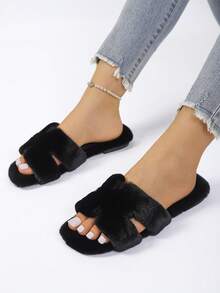 Women's Fashionable Comfortable Soft Home Slippers, Fuzzy Slippers, Women's Fluffy Open Toe Platform Slippers, Comfortable Solid Color Non-Slip Shoes, Soft Non-Slip House Slippers - Black - View 3