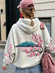 Women's Autumn/Winter Sakura Mount Japanese Style Fleece Lined Sweatshirt, Back To School, Solid Color Long Sleeve Pocket Slightly Dropped Shoulder Casual Sweatshirt - Light Grey - View 2