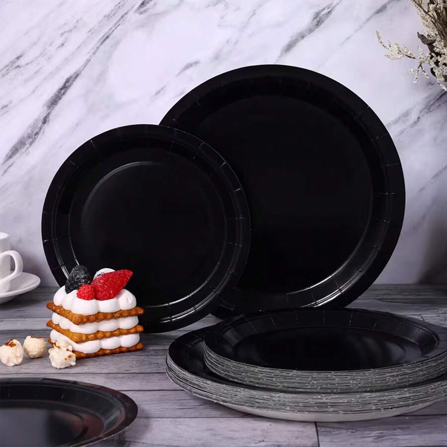 100/50/25/10/1pc Black Paper Plates, Luxury Party Plates, Suitable For Wedding, Birthday, Banquet, Picnic, Gathering, Dessert And Food Display, Disposable For Quick Table Cleanup, Holiday Party Table Decor Paper Plates