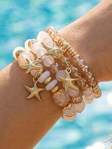 4pcs Bohemian Style Ocean Starfish Pendant Multi-Layer Beaded Bracelet Set For Women Daily Wear - Multicolor - View 2