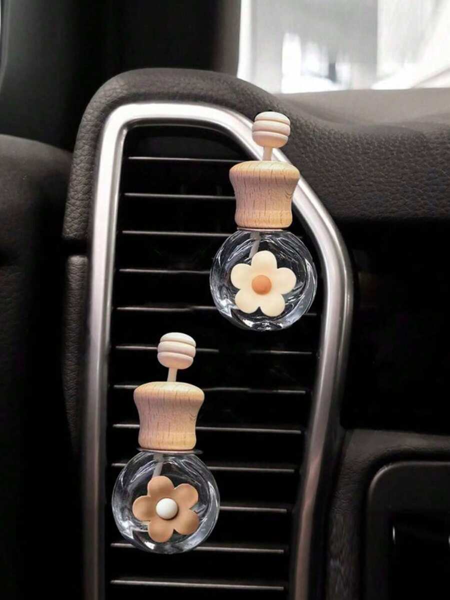 2 Pcs Cute Five-Petal Flower Decorative Perfume Bottle Empty Bottle Set Car Air Vent Aroma Diffuser Bottle Clip Essential Oil Bottle Car Interior Ornament (Perfume Not Included) - A - View 1
