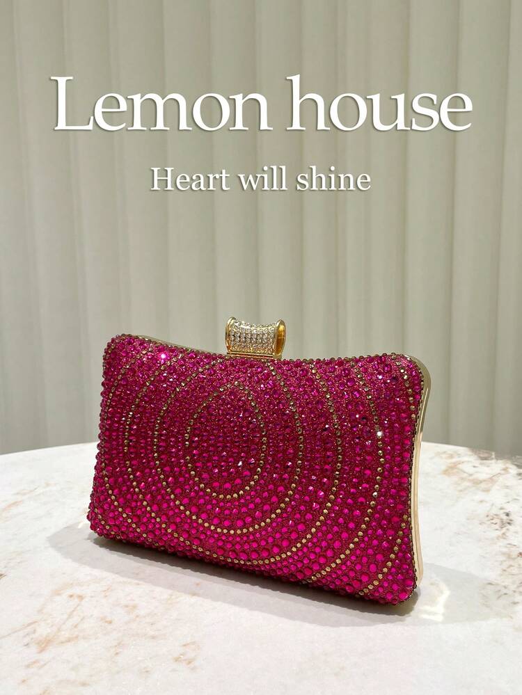 1pc Rose Red Elegant Rhinestone Decorated Women's Evening Clutch Bag, Elegant Elegant Handbag With Detachable Chain Strap, Shoulder Crossbody Small Purse, Wedding Bridal Bag, Suitable For Evening Party, Banquet, Wedding, Party, Ball, Cocktail, Carnival And Other Occasions, Suitable For Women, Suitable As A Gift For Women - Hot Pink - View 4