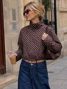 Women's Polka Dot Short Jacket, Long Sleeve Zip-Up Coat, Casual Spring/Autumn Outerwear Vacation - Coffee Brown - View 3