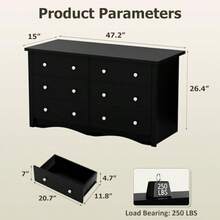 Black Dresser For Bedroom With 6 Drawers, 47.2" Wood Dresser Chests Of Drawers, Anti-Tip, Storage Organizer, TV Stand For Living Room, Closet, Hallway, Dormitory - Jet Black - View 2