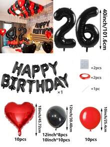 53 件红色和黑色气球花环生日套装，40 英寸黑色聚酯薄膜数字气球，适合 16 岁、18 岁、20 岁、21 岁、22 岁、25 岁、30 岁、35 岁、40 岁生日派对装饰、房间装饰、摄影道具 - 紅黑色 - 查看 38