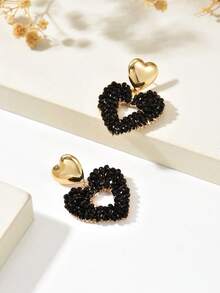 1pc Luxury Fashion Personalized Hollow Handmade Woven Artificial Crystal Heart Pendant Earrings, Suitable For Women's Daily, Vacation, Party, Wedding Season Gift - Black - View 6