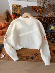 Girls' Halloween Pumpkin Embroidered Crew Neck Long Sleeve Sweater, Chunky Knit Texture, Sweet & Playful Casual Versatile Pullover, Suitable For Daily Wear, Parties, Spring/Autumn/Winter - Apricot - View 2