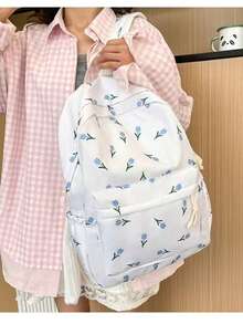 時尚碎花百搭大容量多口袋休閒旅行女款後背包，可手提，學生書包 - 彩色 - 查看 6