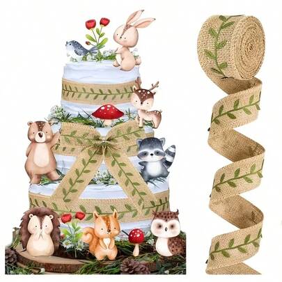 1pc Green Leaf Burlap Decorative Ribbon, Suitable For Gift Wrapping, Handmade DIY Crafts, Jungle Theme Party Decoration Ribbon